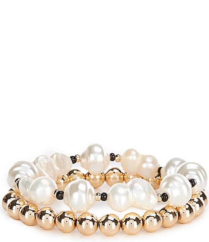 Anna & Ava Freshwater Pearl and Gold Ball Stretch Bracelet Set