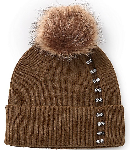 Anna & Ava Linear Rhinestone Faux Fur Pom Beanie