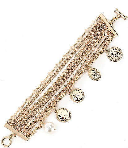 Anna & Ava Pearl Textured Disc Charm Drop Multi Chain Line Bracelet