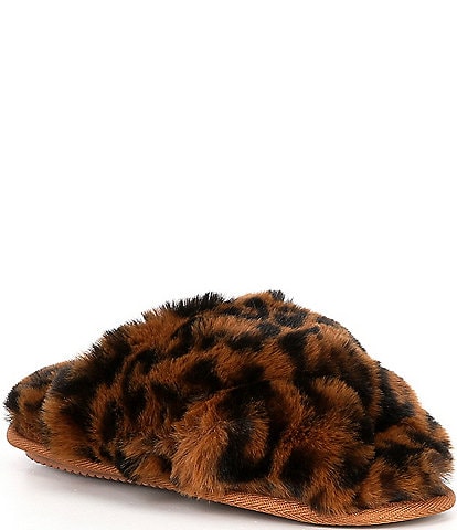 Anna & Ava Plush Faux Fur Leopard X Band Slide Slippers