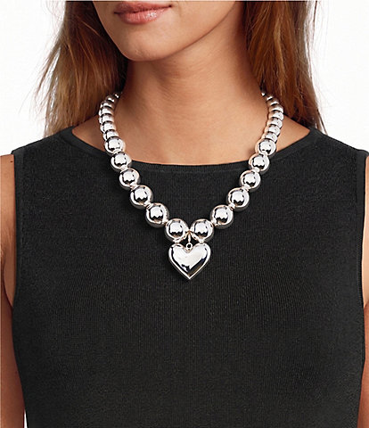 Anna & Ava Puffy Heart Pendant Silver Ball Statement Necklace