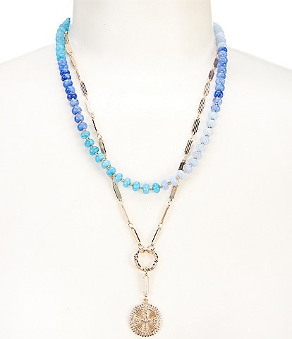 Anna & Ava Semi Precious and Chain with Compass Rhinestone Long Multi Strand Necklace