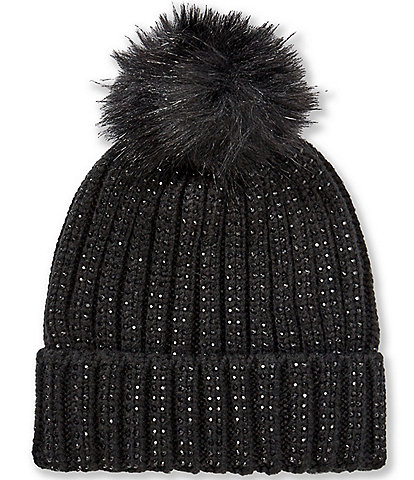 Anna & Ava Stud Stone Embellished Knit Beanie with Faux Fur Pom