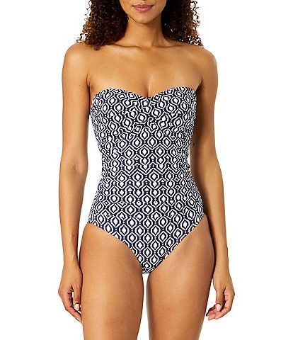 Anne Cole Azzurra Geometric Twist Front Bandeau One Piece Swimsuit