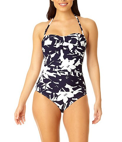 Anne Cole Coastal Palm Print Twisted Front Shirred Bandeau One Piece Swimsuit