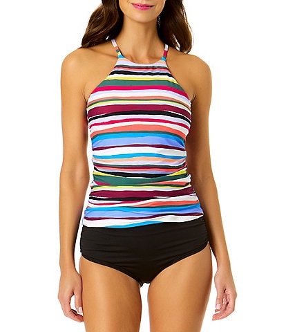 Anne Cole Easy Breezy Stripe High Neck Tankini Swim Top & Live In Color Convertible High Waisted Shirred Swim Bottom