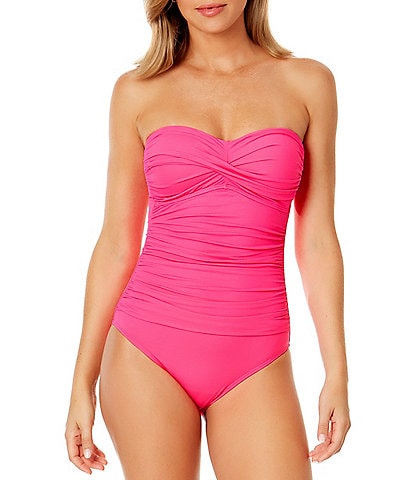 Anne Cole Live In Color Twist Front Shirred Bandeau Removable Strap One Piece Swimsuit