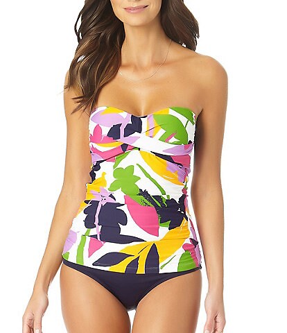 Anne Cole Lush Garden Shirred Twist Front Bandeaukini Swim Top & Live In Color Convertible High Waisted Shirred Swim Bottom