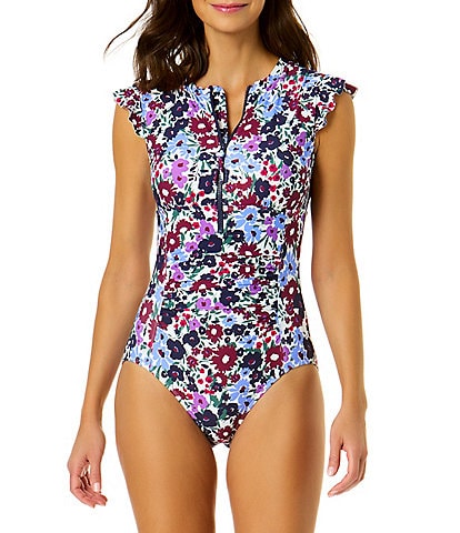 Anne Cole Meadow Bouquet Ditsy Floral Print High Neck Flutter Sleeve Zip Front One-Piece Swimsuit