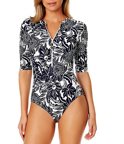 Anne Cole Midnight Floral Print High Neck Elbow Sleeve Zip Front One Piece Swimsuit