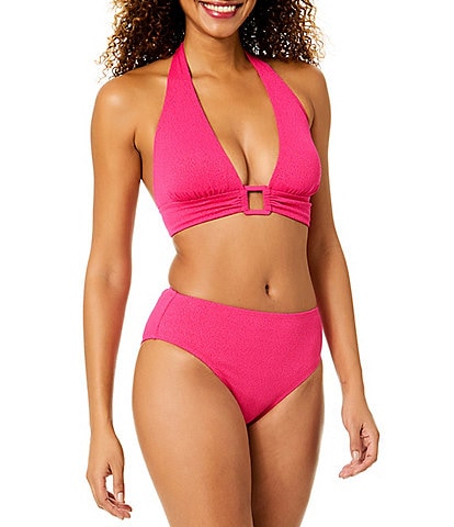 Anne Cole Orchid Solid Crepe Texture Front Ring Halter Swim Top & Mid Rise Hipster Swim Bottom