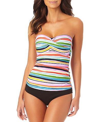 Anne Cole Painted Sky Stripe Liz Twist Front Strapless Tankini & Convertible High Waisted Shirred Swim Bottom