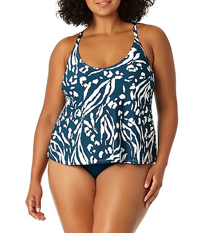 Anne Cole Plus Size Jungle Fever East Try Tankini Swim Top & Live In Color High Waist Shirred Swim Bottom