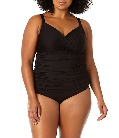 Anne Cole Plus Size Live In Color Surplice V-Neck Tankini Swim Top & High Waisted Shirred Swim Bottom