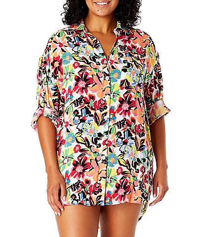 Anne Cole Plus Size Sun Blossom Floral Print Point Collar Neck Button Front Swim Cover-Up Boyfriend Shirt