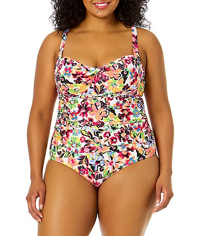 Anne Cole Plus Size Sun Blossom Floral Print Twist Front Sweetheart Neck Underwire One Piece Swimsuit