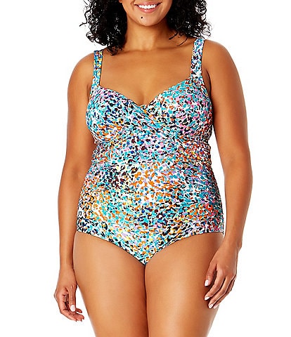 Anne Cole Plus Size Sunset Dot Printed Surplice V-Neck Underwire One Piece Swimsuit