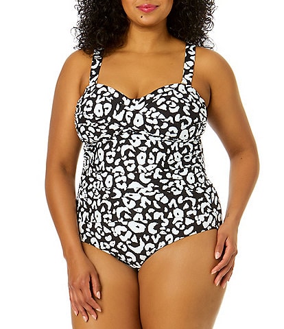 Anne Cole Plus Size Wild Cat Animal Print Sweetheart Neck Twist Front Shirred One Piece Swimsuit