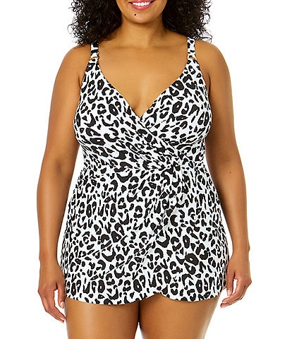 Anne Cole Plus Size Wild Cat Cheetah Print Surplice One Piece Swim Dress