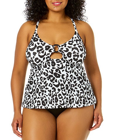 Anne Cole Plus Size Wild Cat Ring Animal Print Easy Tankini Swim Top & Live In Color High Waisted Shirred Swim Bottom