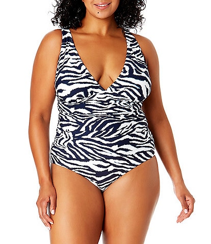 Anne Cole Plus Size Zebra Shadow Plunge V-Neck Shirred Banded One Piece Swimsuit