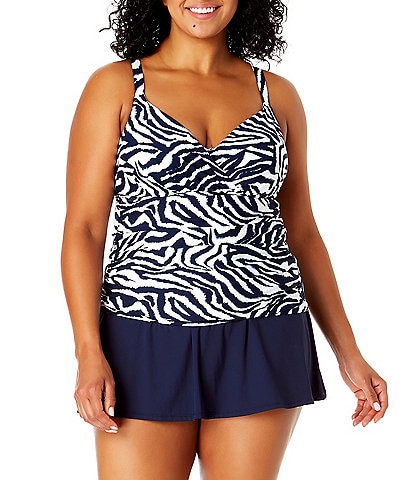 Anne Cole Plus Size Zebra Shadow Surplice V-Neck Tankini Swim Top & Solid High Waist Skort Swim Bottom