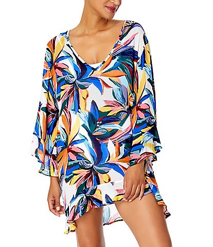 Anne Cole Riviera Floral V-Neck Bell Sleeves Flounce Tunic Swim Cover-Up