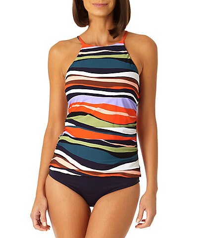 Anne Cole Sandy Waves High Neck Tankini Swim Top & Live In Color Convertible High Waisted Shirred Swim Bottom