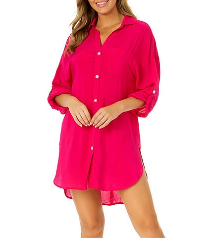 Anne Cole Solid Point Collar Button Front Cover-Up Boyfriend Shirt Dress