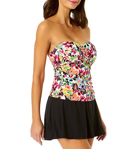 Anne Cole Sun Blossom Floral Print Twist Front Shirred Bandeaukini Swim Top & Live In Color Rock Skirt