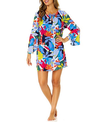 Anne Cole Tropic Stamp Crinkle Bell Sleeve Swim Cover-Up Tunic