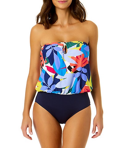 Anne Cole Tropic Stamp Strapless Blouson One Piece Swimsuit