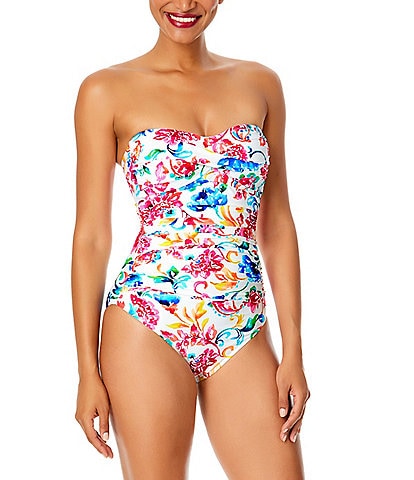 Anne Cole Watercolor Paisley Twist Front Strapless One Piece Swimsuit