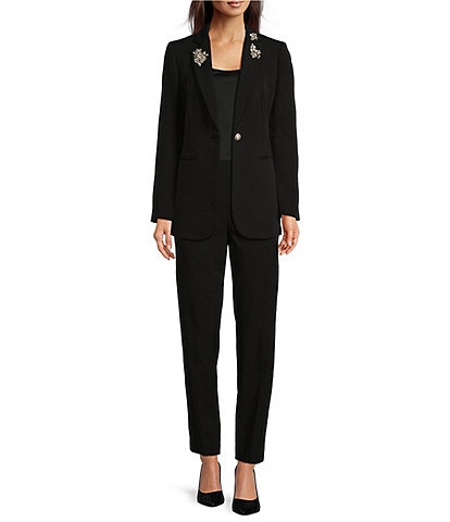 Anne Klein Anne Stretch Embellished Notch Lapel Long Sleeve One-Button Jacket & Straight Leg Front Seam Ankle Length Pant