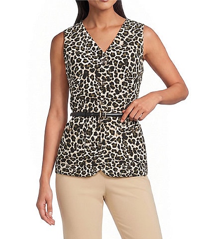 Anne Klein Belted Five Button Animal Print Vest