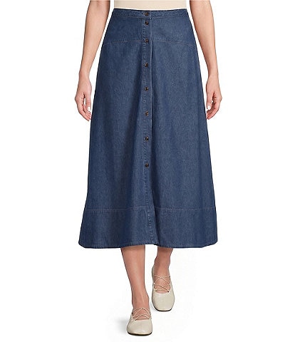 Anne Klein Button Front Midi Denim Skirt