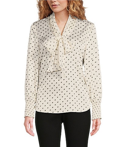Anne Klein Charmeuse Satin Dotted Print Band Collar Long Sleeves Button-Front Bow Blouse