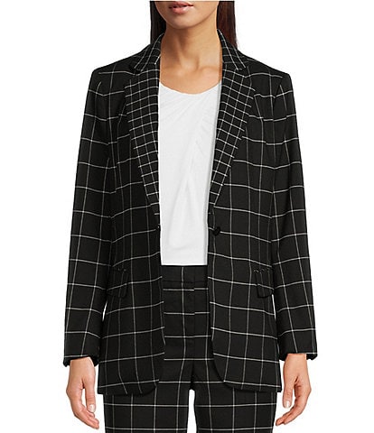Anne Klein Checked Crepe Woven Printed Notch Lapel Collar Flap Pocket Long Sleeve Coordinating Blazer