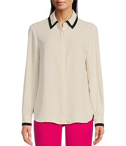 Anne Klein Sheer Front Ruffle Trim Button Front Blouse