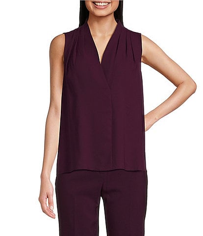 Anne Klein Crepe Sleeveless Pleated Shoulder V-Neck Blouse