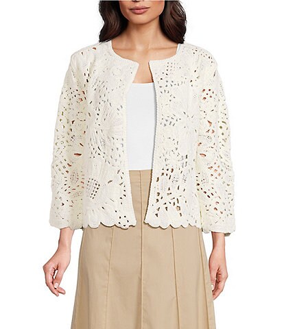Anne Klein Crochet Floral Pull On Cardigan