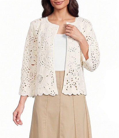 Anne Klein Crochet Floral Pull On Cardigan