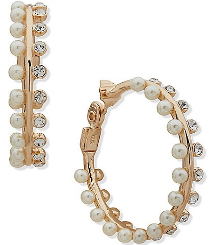 Anne Klein Crystal Pearl Clip Hoop Earrings