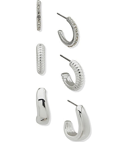Anne Klein Crystal Puffy Hoop Trio Earring Set