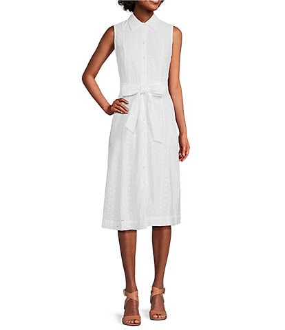 Anne Klein Diane Eyelet Fit and Flare Button Down Midi Belted Shirt Dress