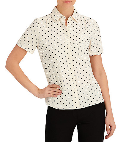 Anne Klein Dot Print Short Sleeve Collared Blouse