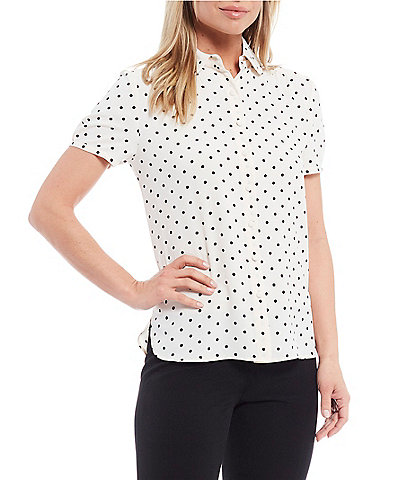 Anne Klein Dotted Printed Peter Pan Collared Cap Sleeve Blouse
