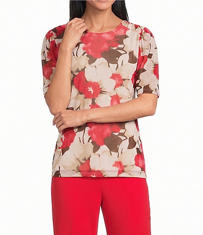 Anne Klein Elbow Sleeve Printed Mesh Blouse