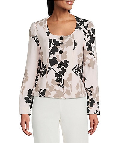 Anne Klein Floral Print Twill Scoop Neck Jacket