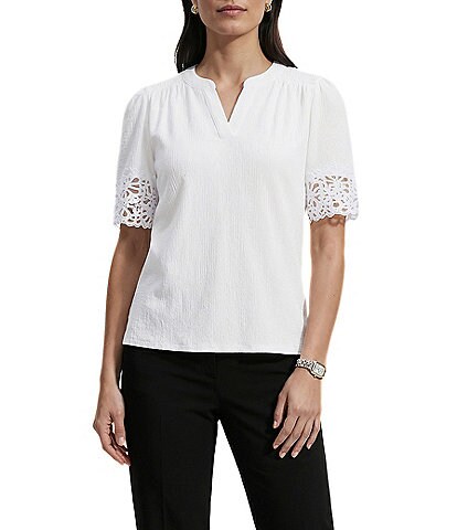 Anne Klein Flutter Sleeve V Neck Blouse With Lace Trim